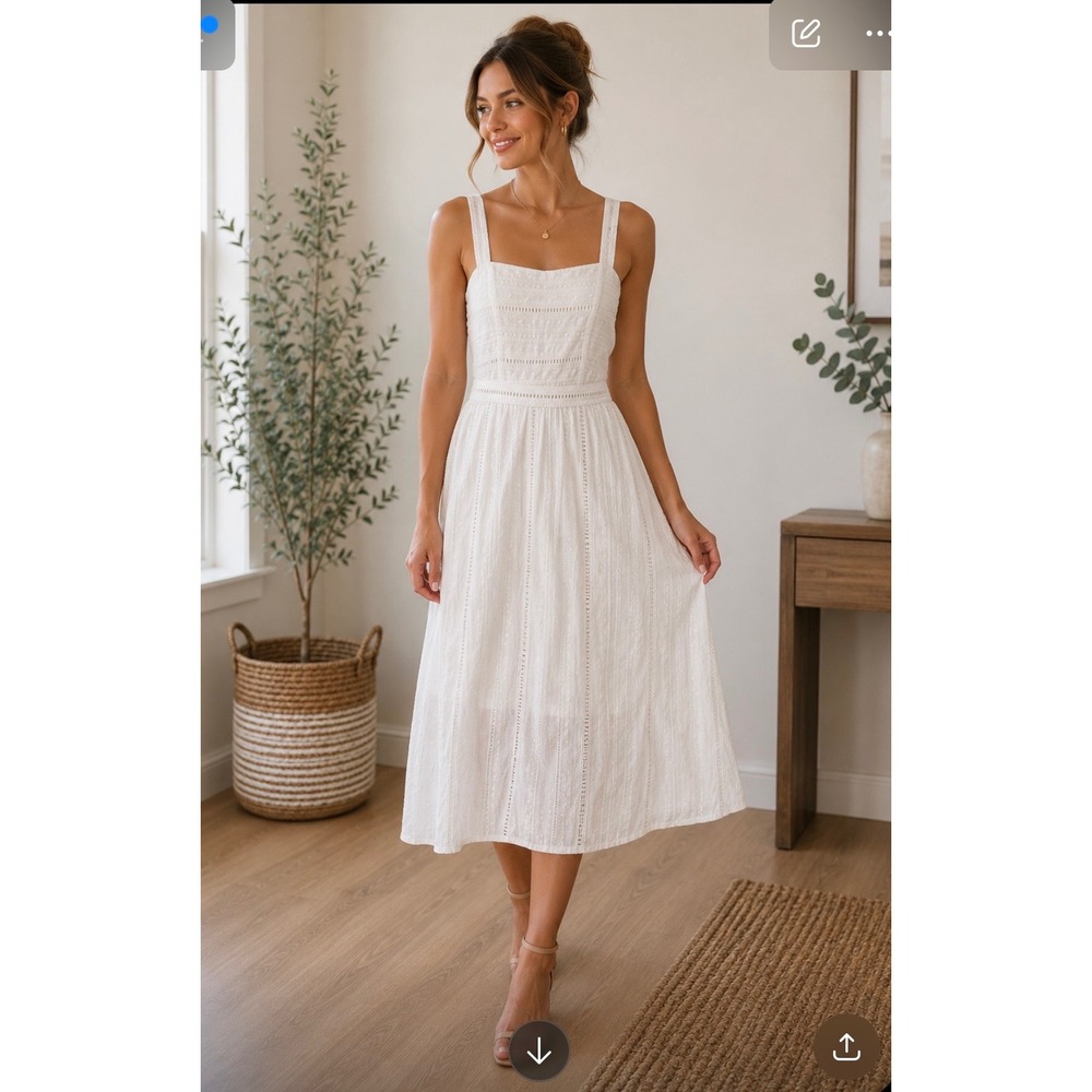 Julia Jordan White Eyelet Midi Dress Square Neck Smocked Back Belted Size 14